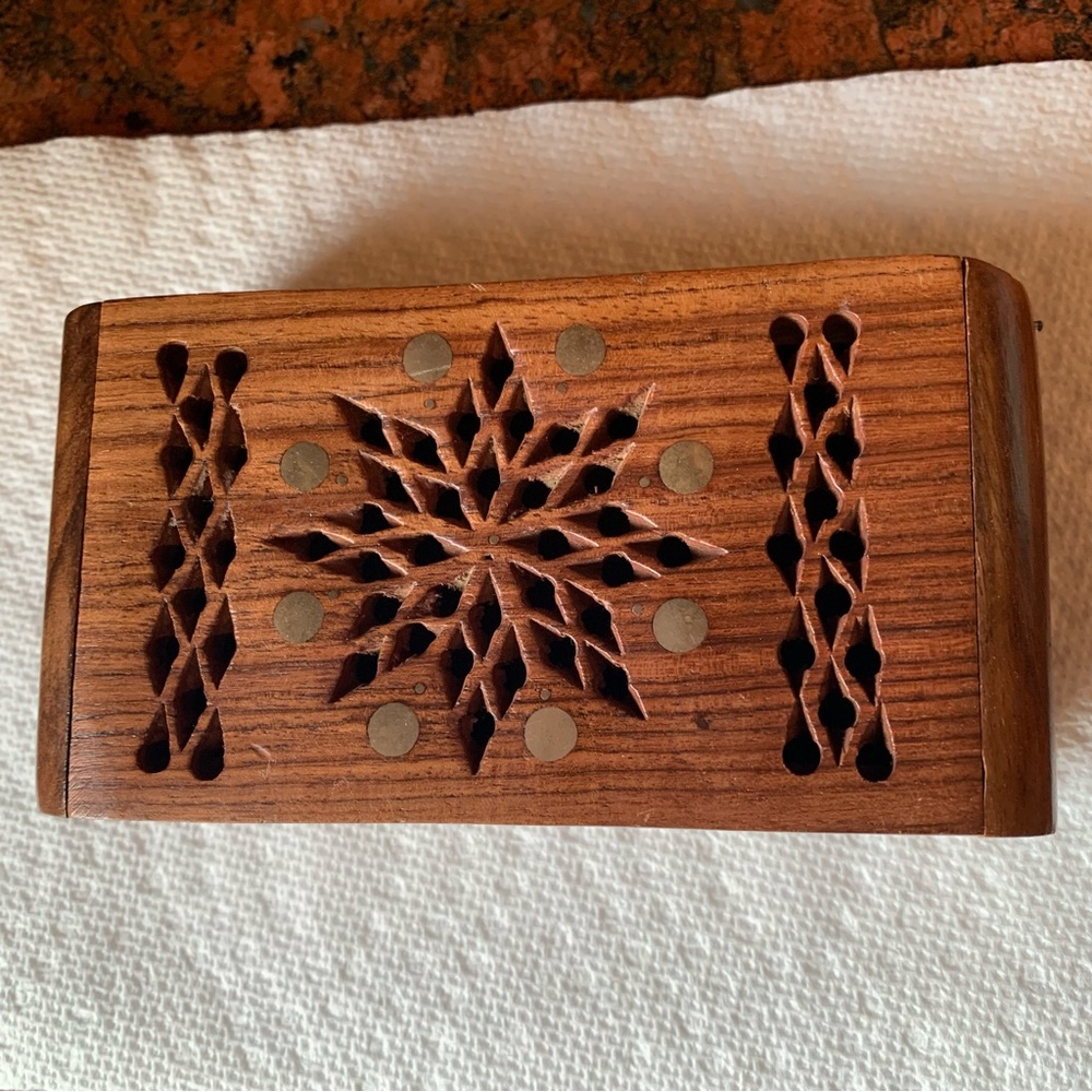 Vintage jewelry box. Hand Carved, gold accents. Small Walnut box Wooden …